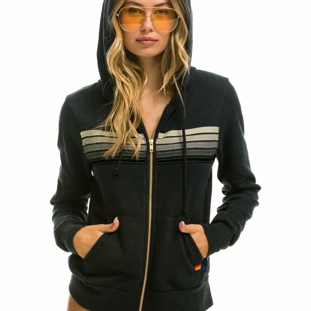 Aviator Nation Charcoal Black Hoodie with Grey Stripes